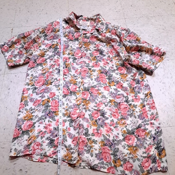 Dalia | Pink and Orange Floral Button Down Shirt with shoulder pads 100% silk - Picture 8 of 9